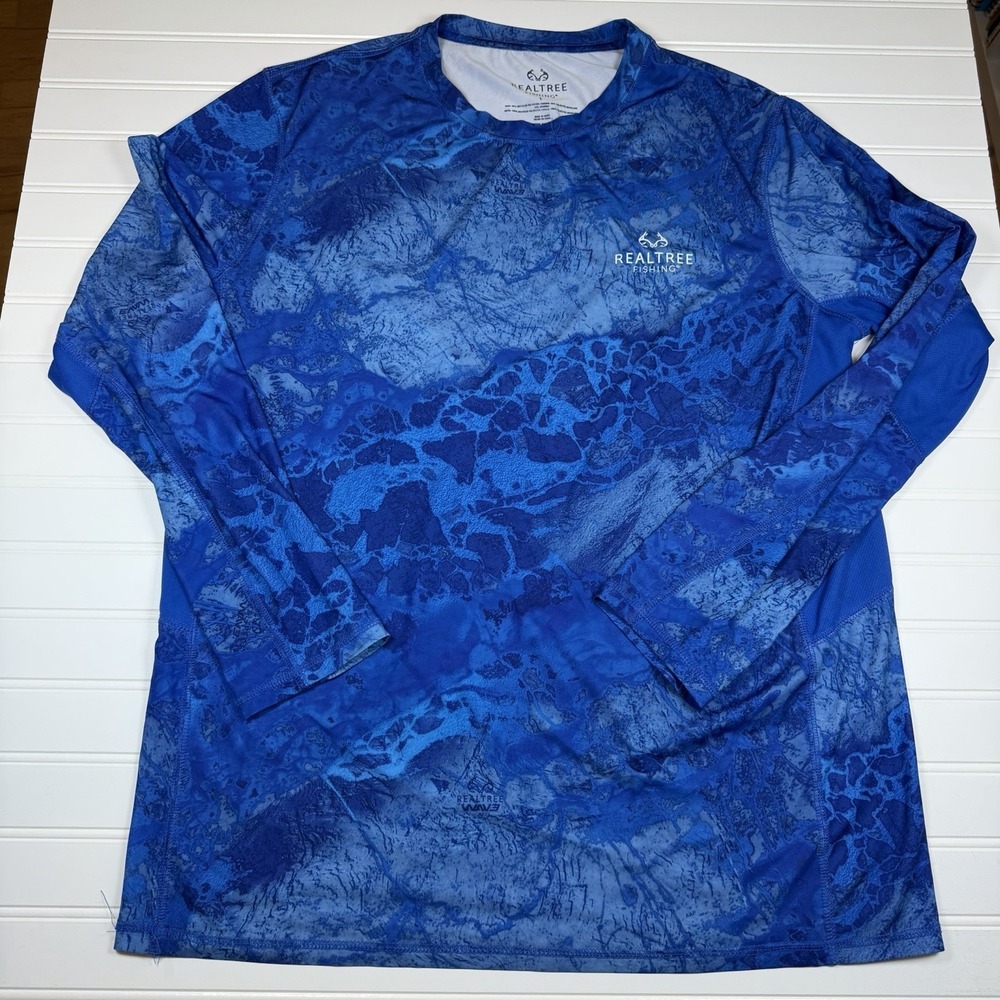Realtree Fishing Blue Water Camo Long Sleeve Shirt Men's Large Blue Outdoors GUC